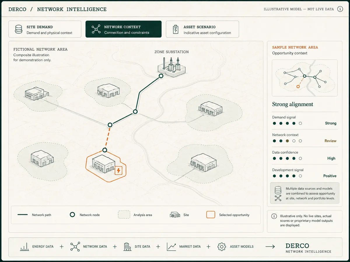 Illustrative network model showing industrial sites, a zone substation, network connections and an indicative site opportunity. No live data is shown.